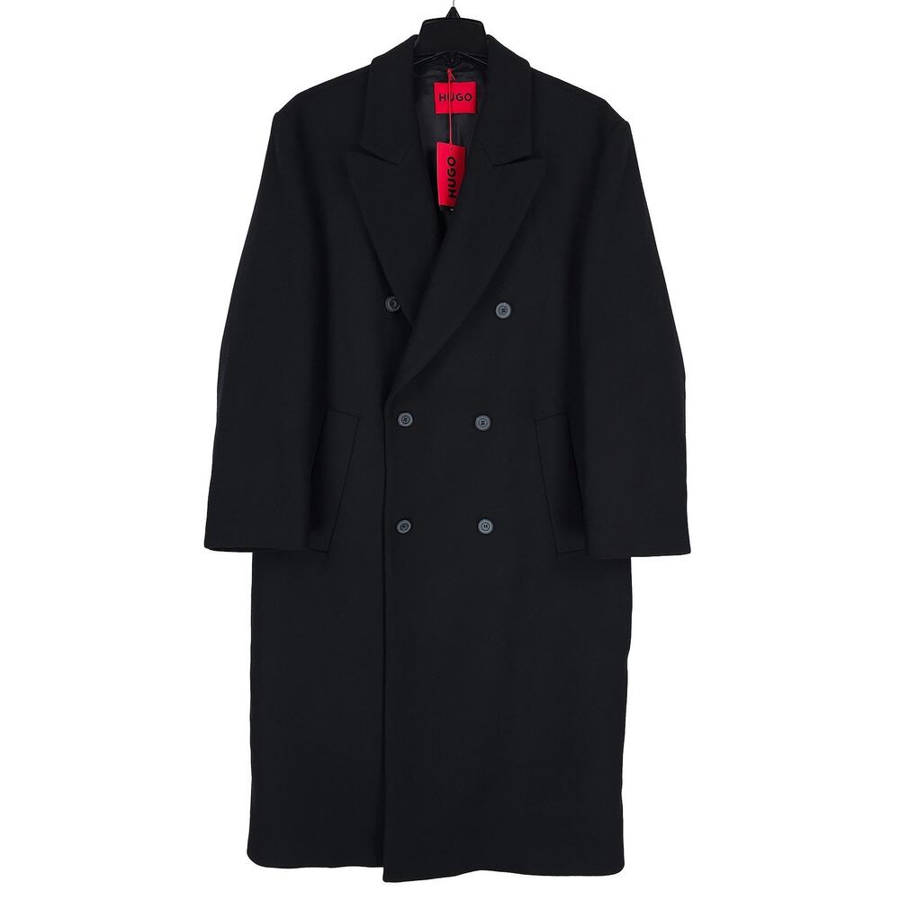Hugo Boss Mens Modern Fit Overcoat Sz Large Black Wool Blend Double Breasted NWT